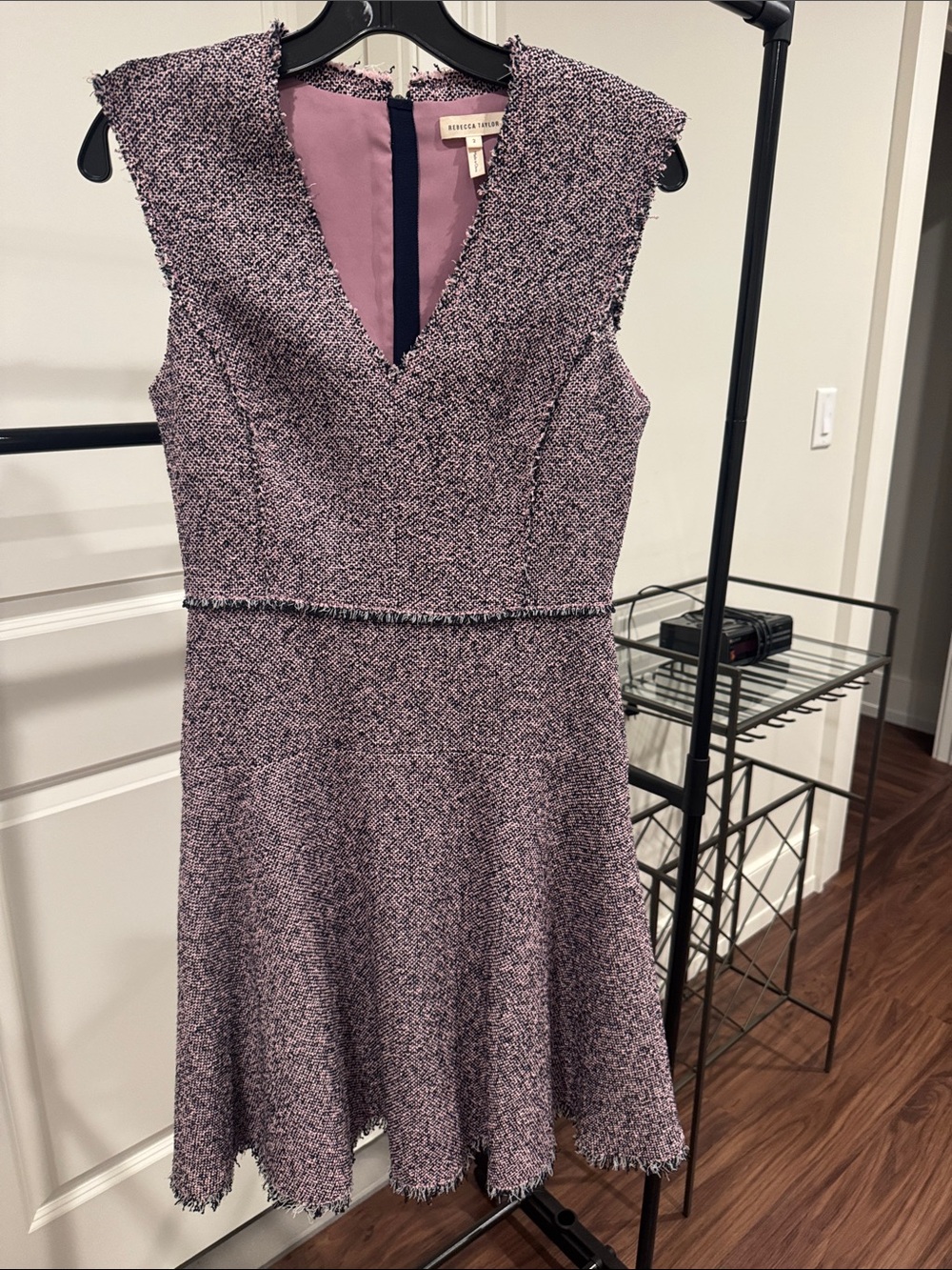 Rebecca Taylor Pink Lavender Tweed Fringe V-Neck Fit-and-Flare Dress Size 2